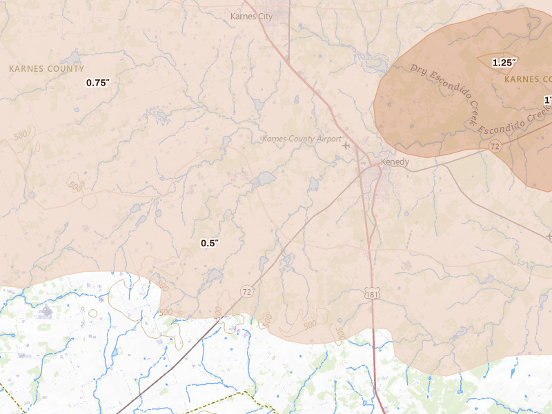 Radar-estimated hail-size map of the storm over Kenedy, TX on May 1, 2026