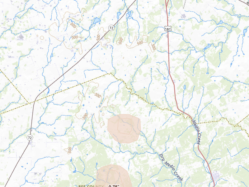Radar-estimated hail-size map of the storm over Kenedy, TX on Aug 22, 2026