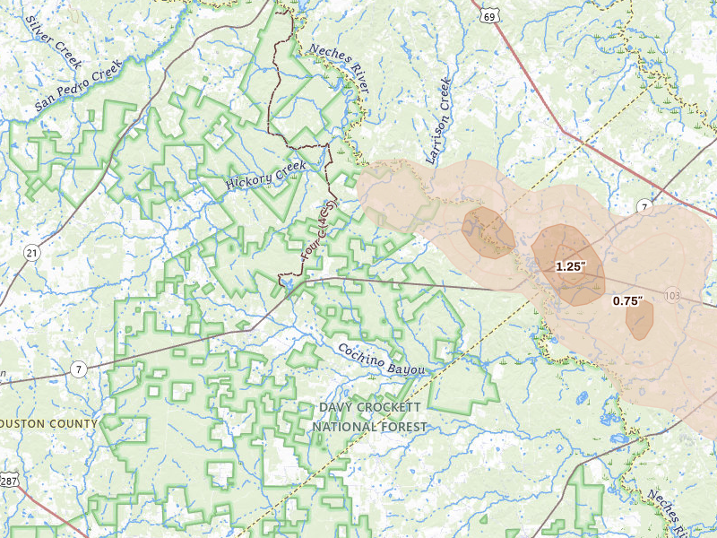 Radar-estimated hail-size map of the storm over Kennard, TX on Apr 29, 2026