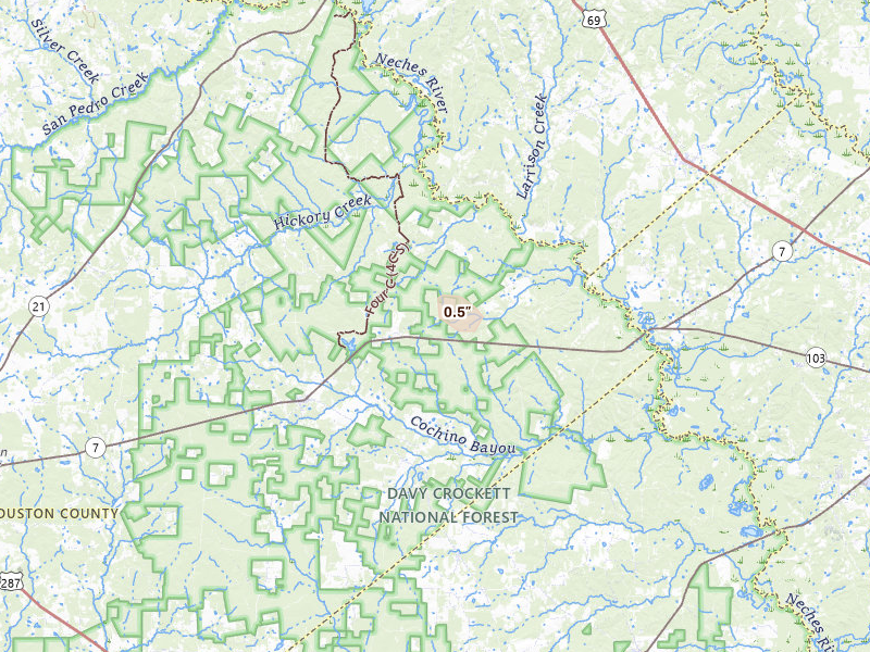 Radar-estimated hail-size map of the storm over Kennard, TX on May 10, 2026
