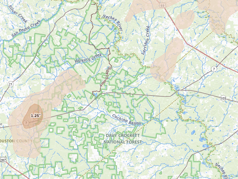 Radar-estimated hail-size map of the storm over Kennard, TX on Jun 2, 2026