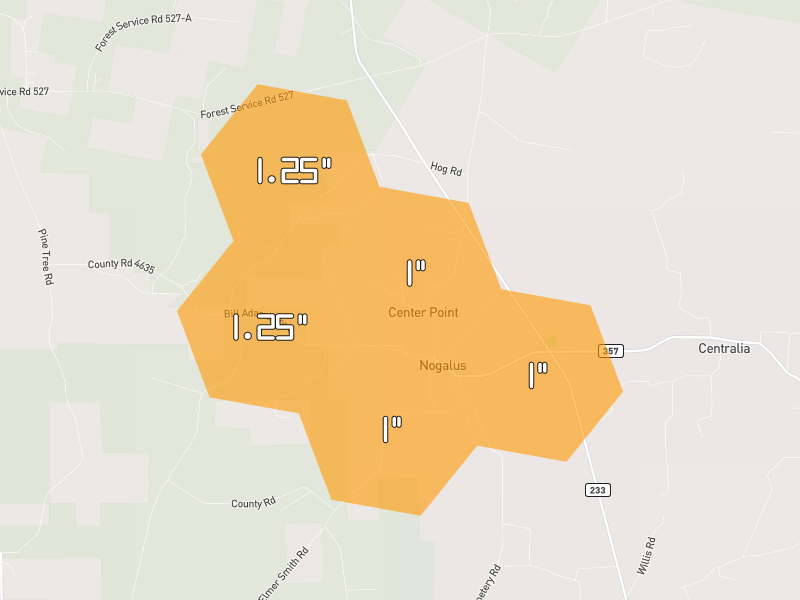 Hail map of Kennard, TX on Jul 5, 2026, hail up to 1.25"