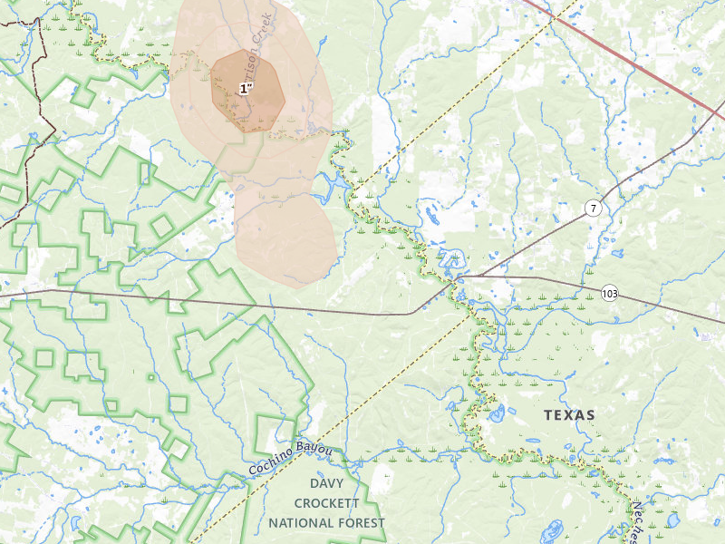 Radar-estimated hail-size map of the storm over Kennard, TX on Aug 9, 2026