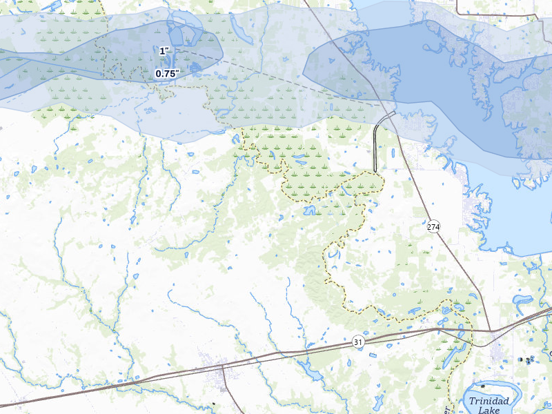 NEXRAD radar-signature map of the hail over Kerens, TX