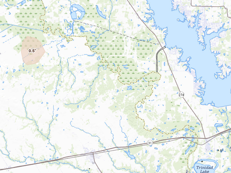 Radar-estimated hail-size map of the storm over Kerens, TX on Jul 7, 2026