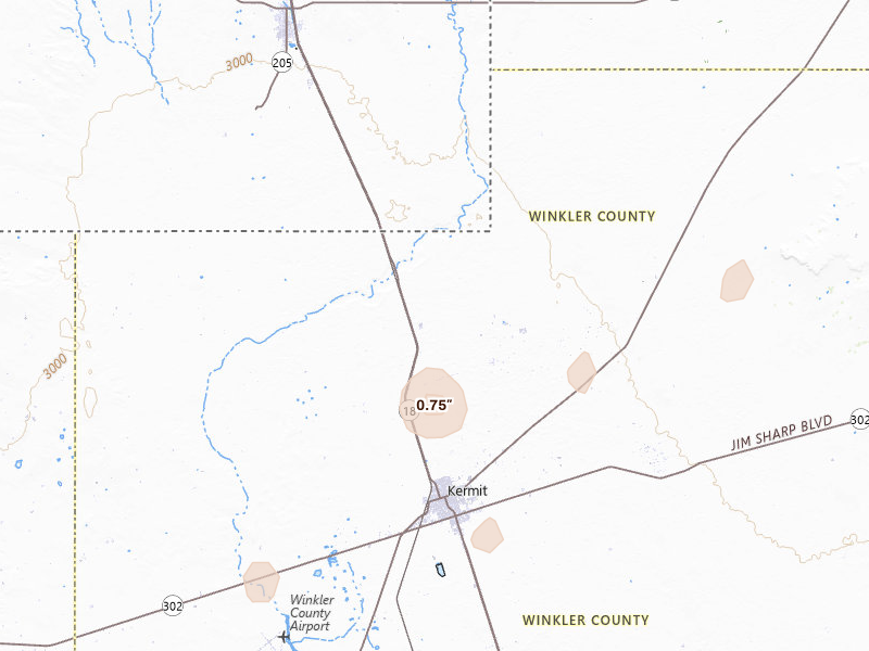 Radar-estimated hail-size map of the storm over Kermit, TX on Jul 16, 2026