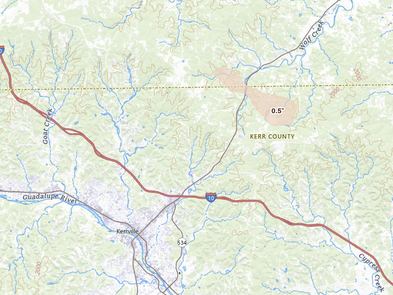 Radar-estimated hail-size map of the storm over Kerrville, TX on Jun 2, 2026