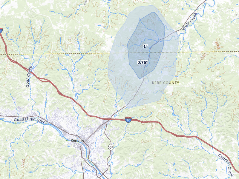 NEXRAD radar-signature map of the hail over Kerrville, TX