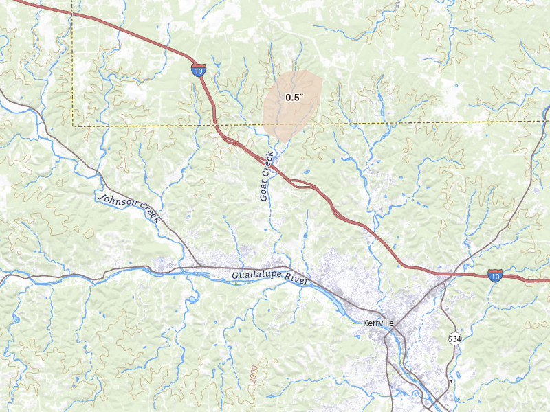 Radar-estimated hail-size map of the storm over Kerrville, TX on Aug 27, 2026