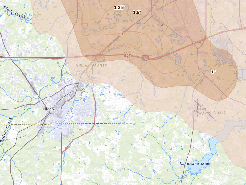Radar-estimated hail-size map of the storm over Kilgore, TX on Mar 15, 2026