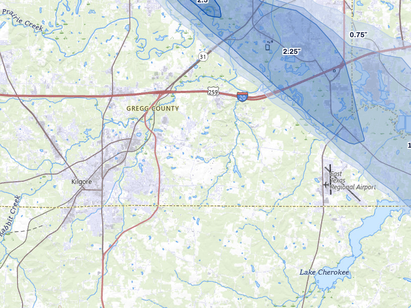 NEXRAD radar-signature map of the hail over Kilgore, TX