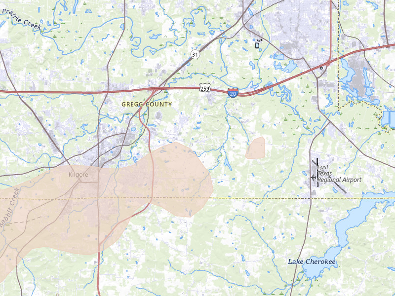 Radar-estimated hail-size map of the storm over Kilgore, TX on Apr 18, 2026