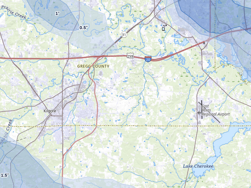 NEXRAD radar-signature map of the hail over Kilgore, TX
