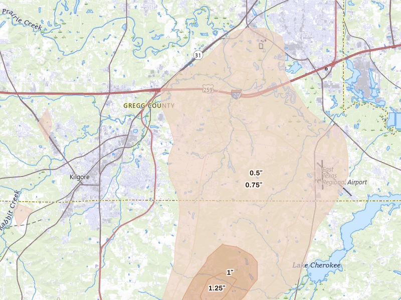 Radar-estimated hail-size map of the storm over Kilgore, TX on May 22, 2026