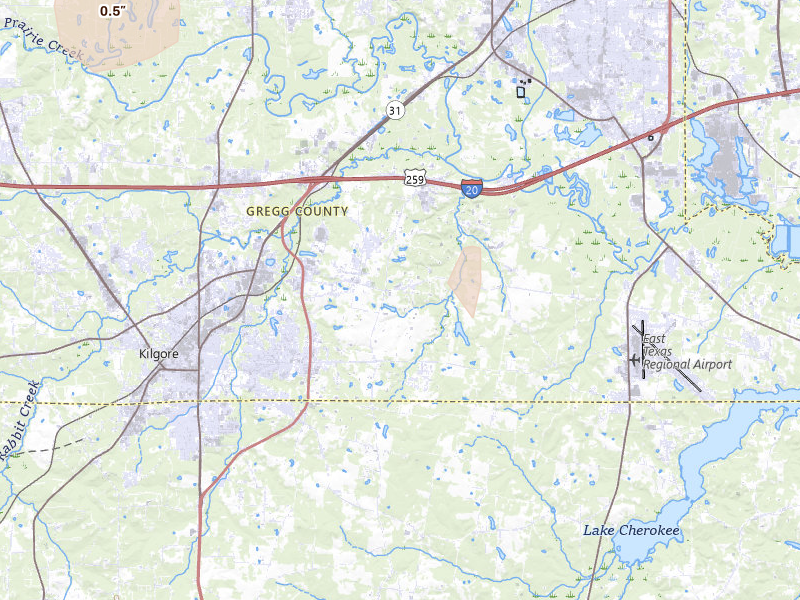 Radar-estimated hail-size map of the storm over Kilgore, TX on Jun 2, 2026
