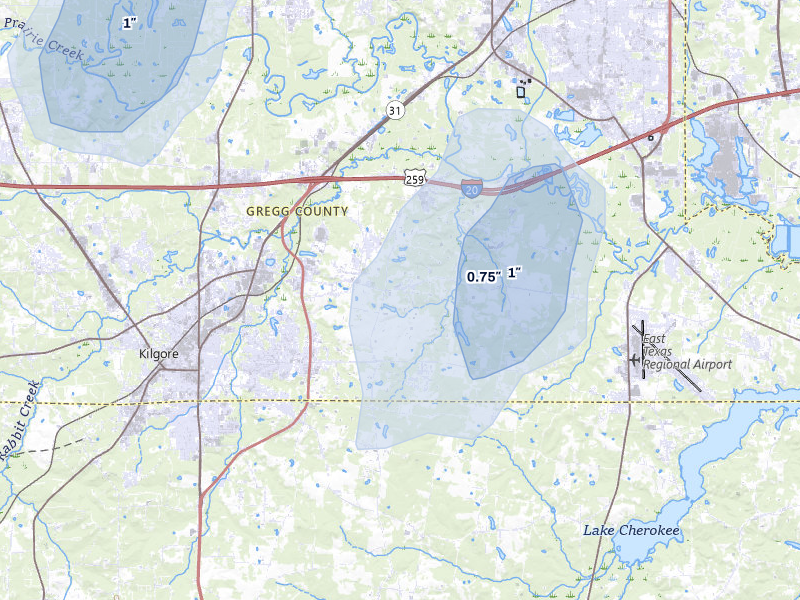 NEXRAD radar-signature map of the hail over Kilgore, TX