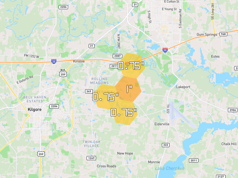 Hail map of Kilgore, TX on Jun 2, 2026, hail up to 1"