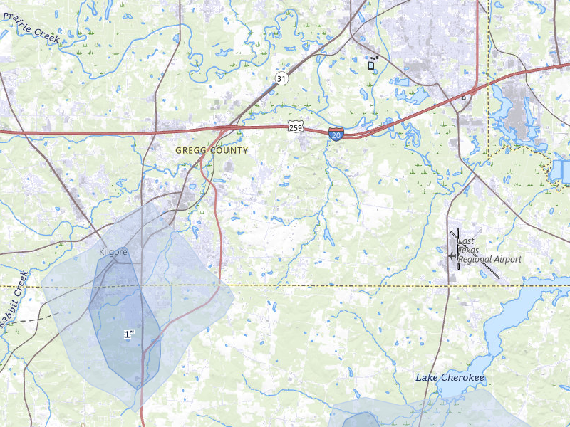 NEXRAD radar-signature map of the hail storm over Kilgore, TX on Jul 12, 2026