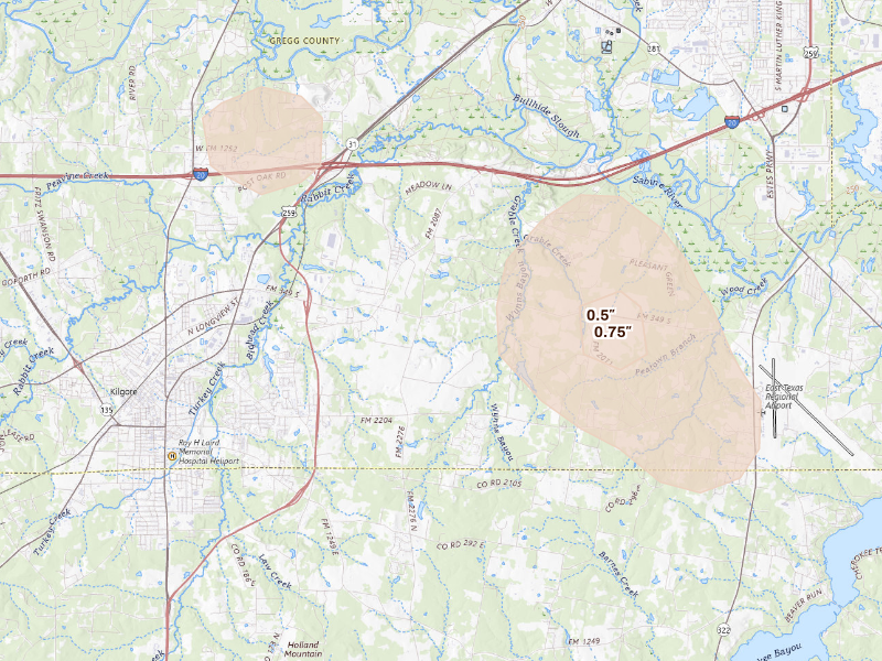 Radar-estimated hail-size map of the storm over Kilgore, TX