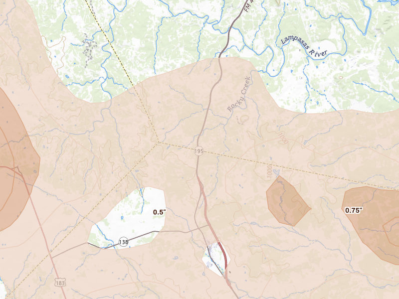 Radar-estimated hail-size map of the storm over Killeen, TX on May 19, 2026