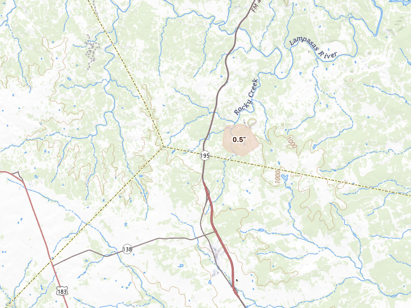 Radar-estimated hail-size map of the storm over Killeen, TX on May 25, 2026