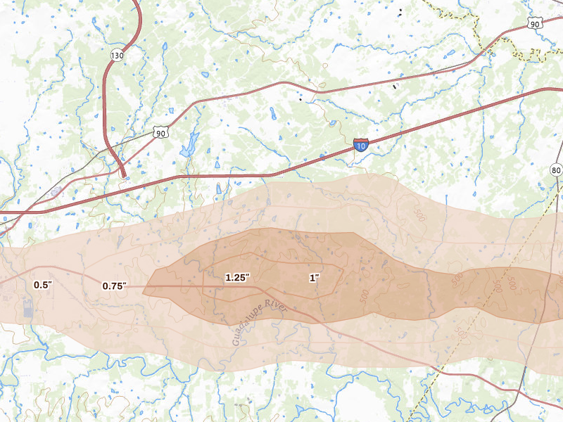 Radar-estimated hail-size map of the storm over Kingsbury, TX on Apr 30, 2026