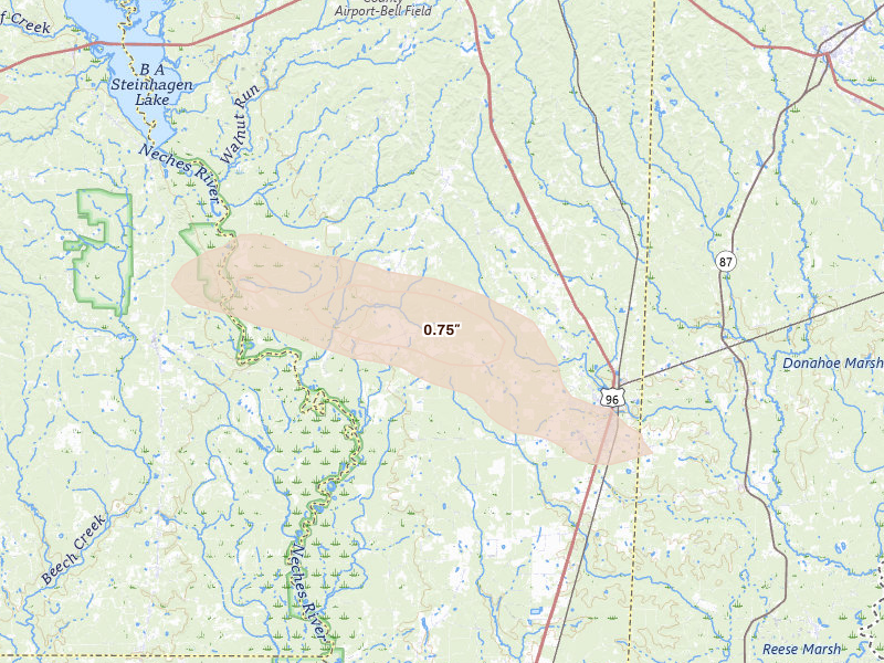 Radar-estimated hail-size map of the storm over Kirbyville, TX on Mar 15, 2026