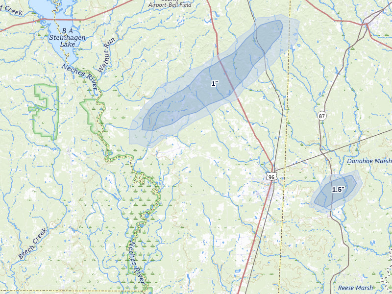NEXRAD radar-signature map of the hail storm over Kirbyville, TX on May 8, 2026