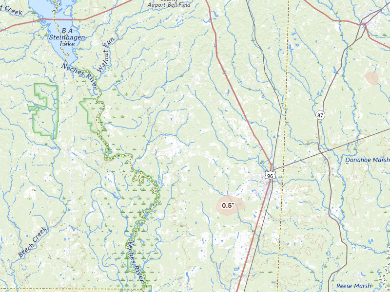 Radar-estimated hail-size map of the storm over Kirbyville, TX on May 10, 2026