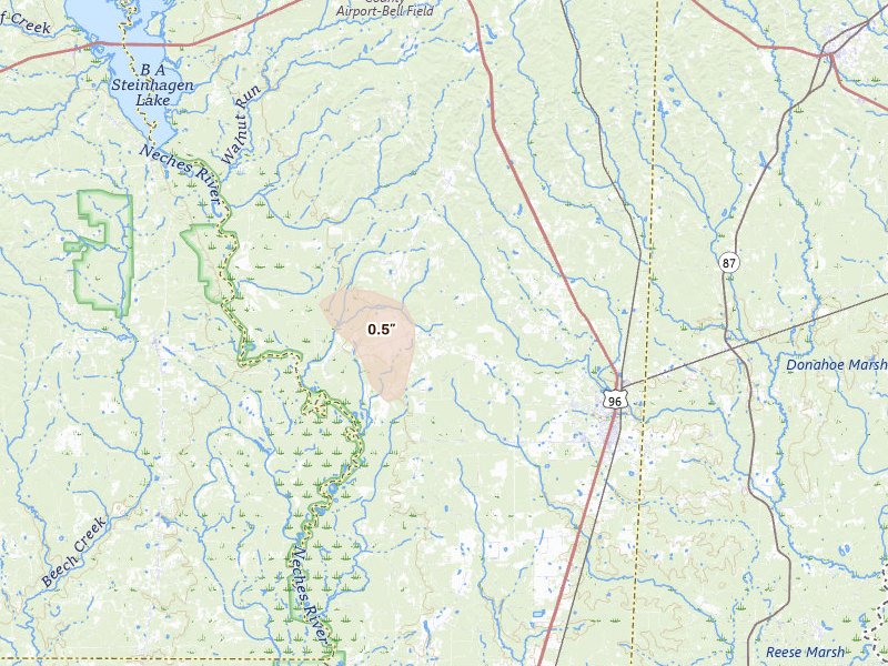 Radar-estimated hail-size map of the storm over Kirbyville, TX on May 19, 2026