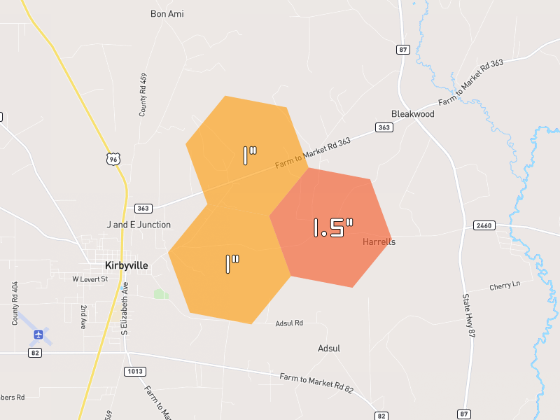 Hail map of Kirbyville, TX on Jul 1, 2026, hail up to 1.5"