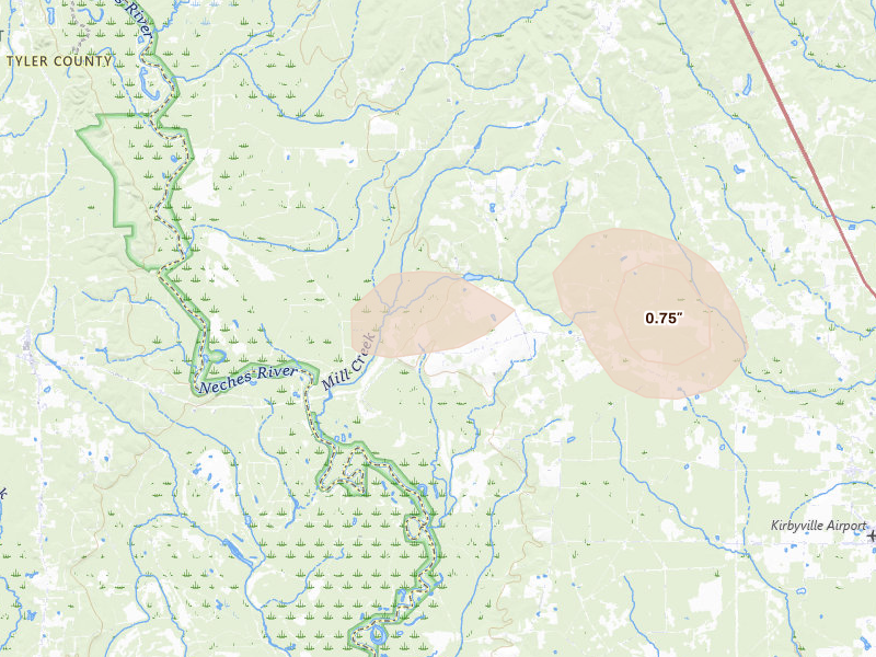 Radar-estimated hail-size map of the storm over Kirbyville, TX on Aug 22, 2026