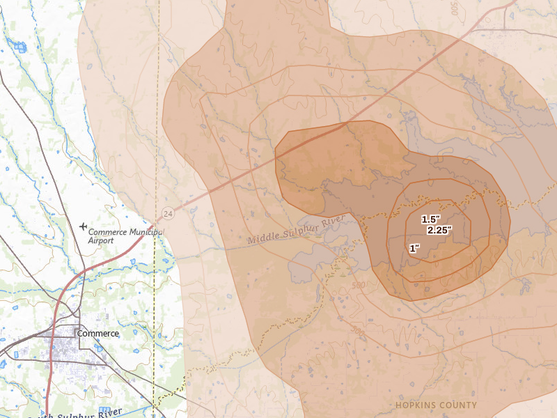 Radar-estimated hail-size map of the storm over Klondike, TX on Apr 24, 2026