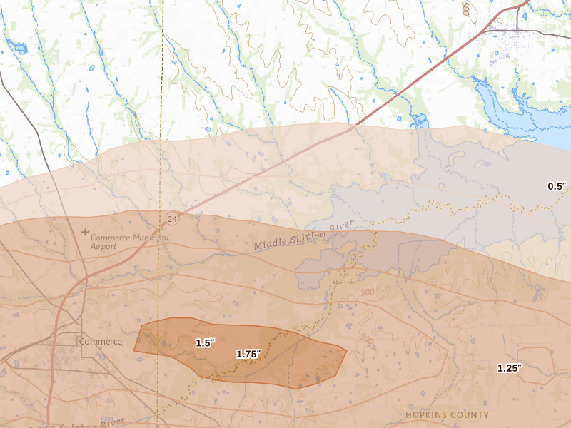 Radar-estimated hail-size map of the storm over Klondike, TX on Apr 27, 2026