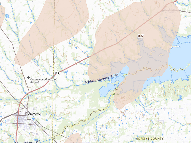 Radar-estimated hail-size map of the storm over Klondike, TX on May 22, 2026