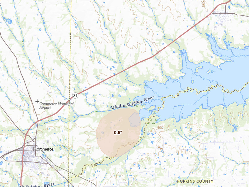 Radar-estimated hail-size map of the storm over Klondike, TX on Jul 12, 2026
