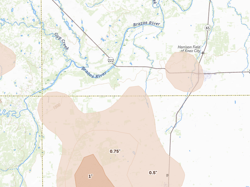Radar-estimated hail-size map of the storm over Knox City, TX on May 22, 2026