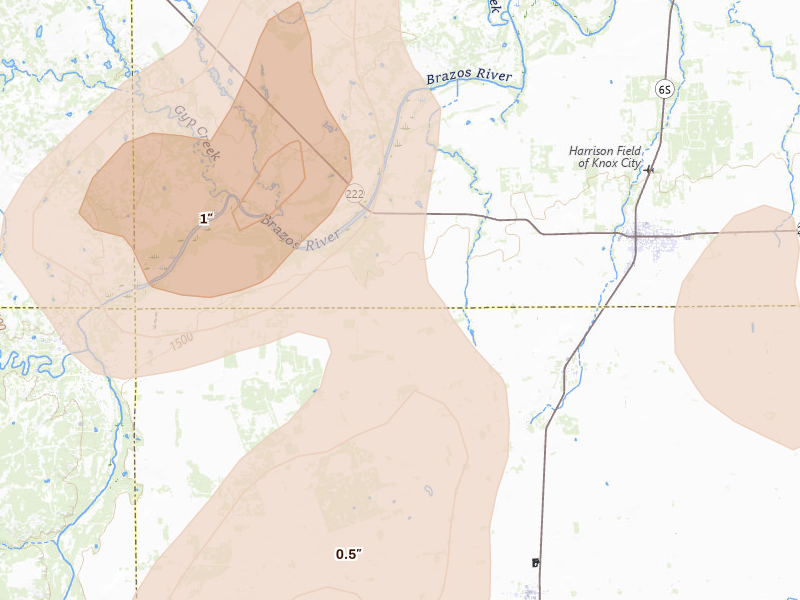 Radar-estimated hail-size map of the storm over Knox City, TX on Jul 5, 2026