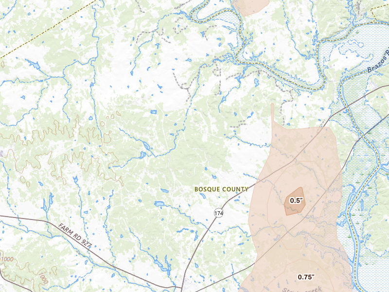 Radar-estimated hail-size map of the storm over Kopperl, TX on May 19, 2026