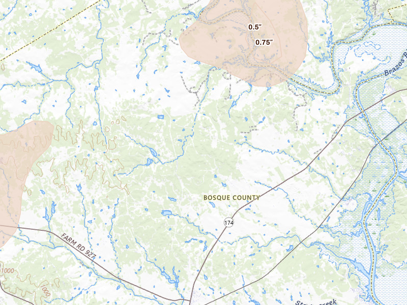 Radar-estimated hail-size map of the storm over Kopperl, TX on May 22, 2026