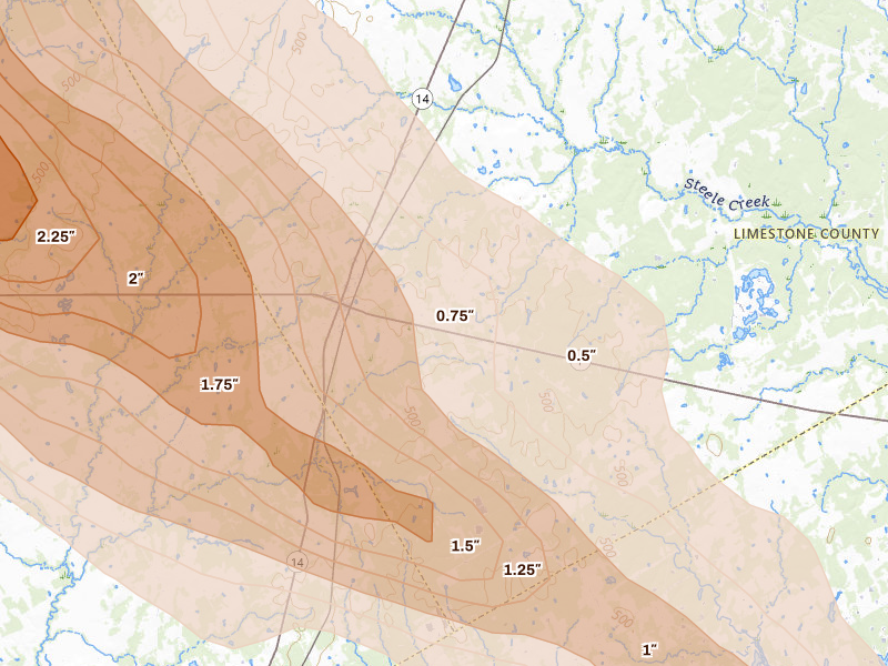 Radar-estimated hail-size map of the storm over Kosse, TX on Apr 28, 2026