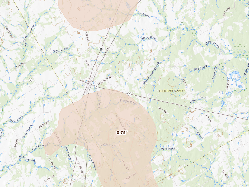 Radar-estimated hail-size map of the storm over Kosse, TX