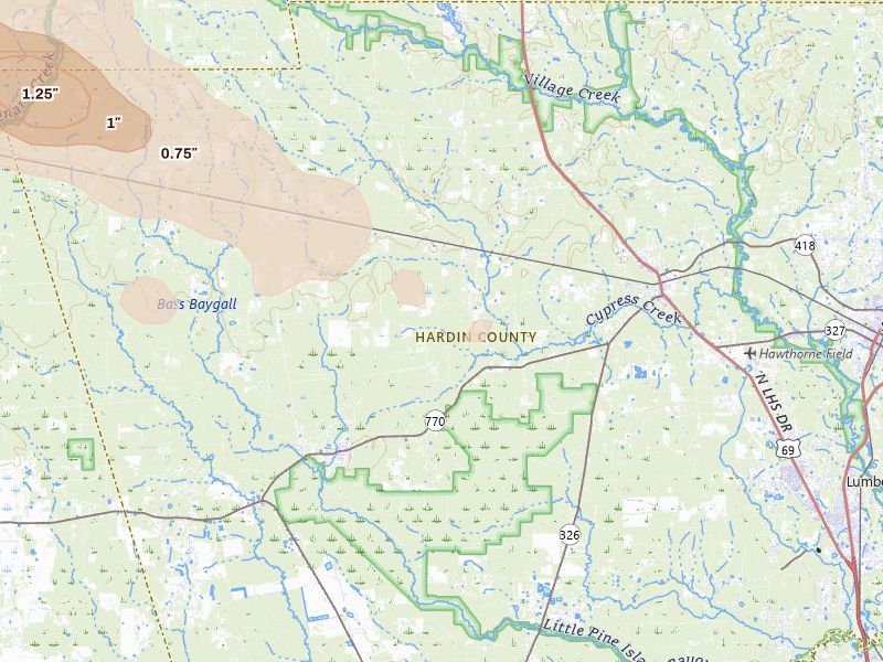 Radar-estimated hail-size map of the storm over Kountze, TX on Mar 15, 2026