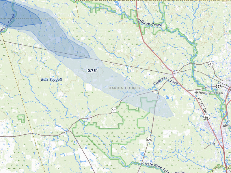 NEXRAD radar-signature map of the hail over Kountze, TX