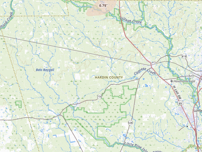 Radar-estimated hail-size map of the storm over Kountze, TX on May 8, 2026