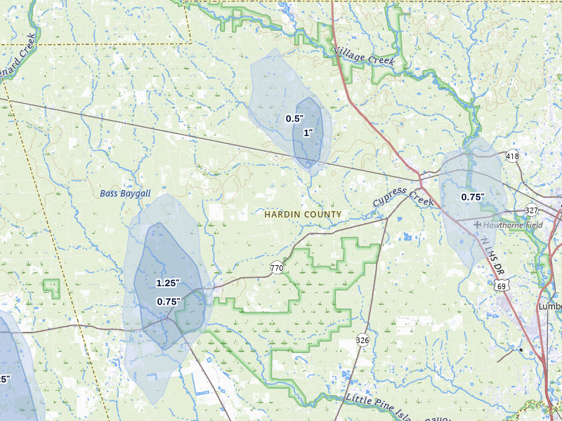 NEXRAD radar-signature map of the hail storm over Kountze, TX on Jul 7, 2026