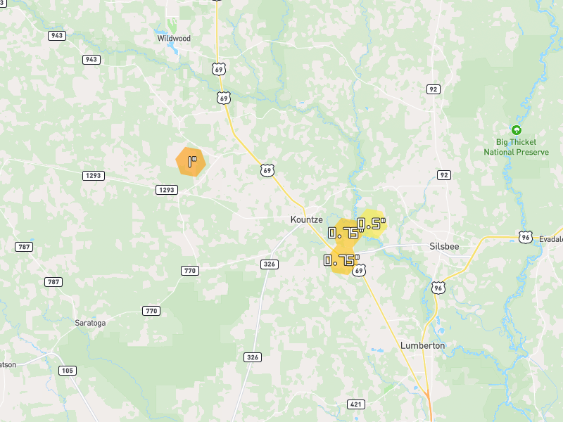 Hail map of Kountze, TX on Jul 7, 2026, hail up to 1"
