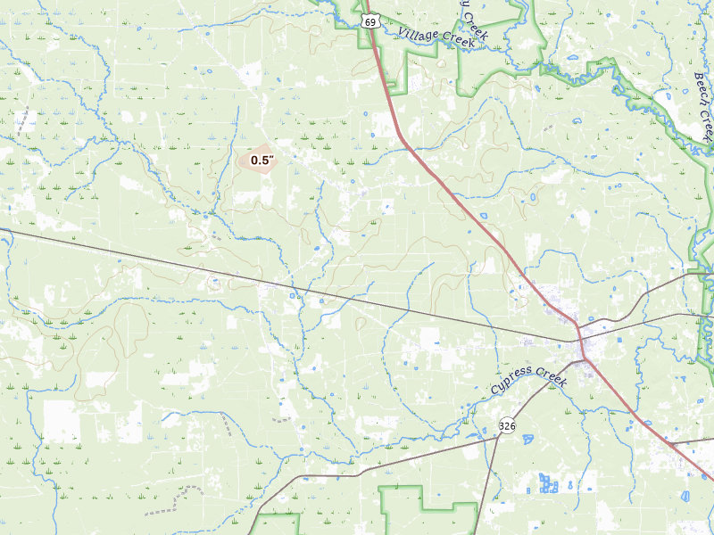 Radar-estimated hail-size map of the storm over Kountze, TX on Aug 8, 2026