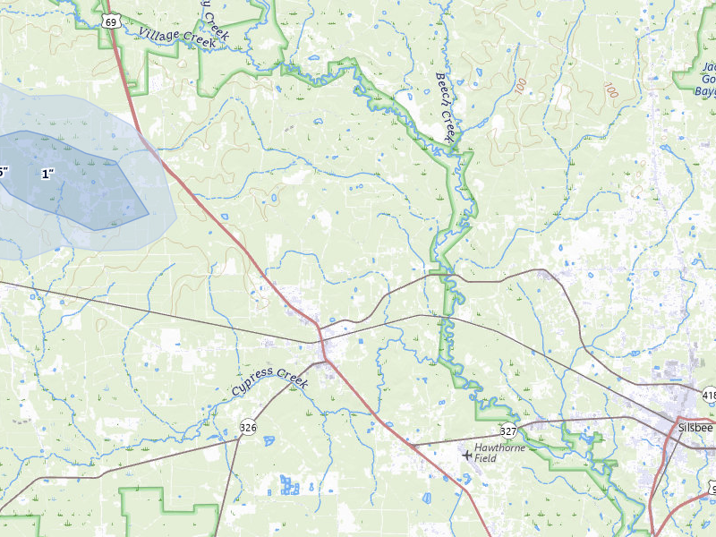 NEXRAD radar-signature map of the hail storm over Kountze, TX on Aug 8, 2026