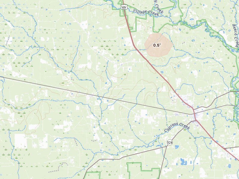 Radar-estimated hail-size map of the storm over Kountze, TX